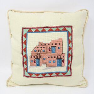 Taos Pueblo Pillow Adobe 10" Cross Stitch Red Chile Southwestern Handcrafted